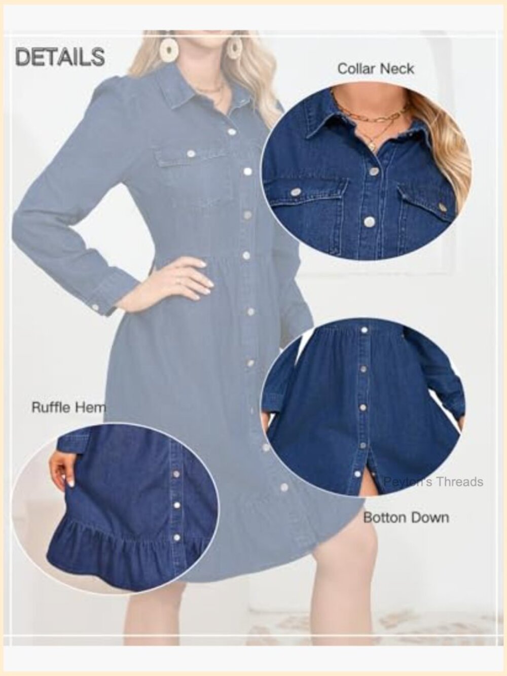 Flowy Denim Midi Dress A Line Ruffle Puff Long Sleeve Button Down Lapel Casual - Picture 6 of 7